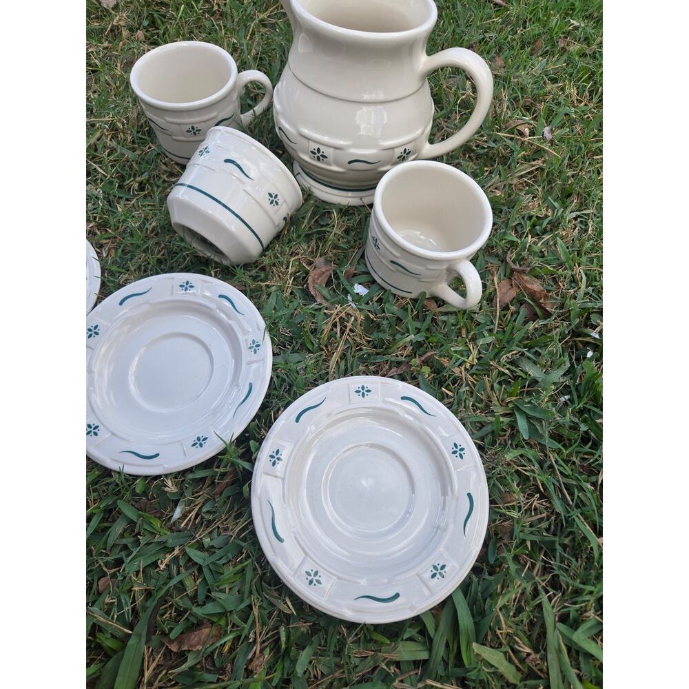 7 Piece Longaberger Pottery Green Woven Traditions Pitcher Cups Saucers - Picture 3 of 8